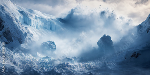 Avalanche crashing down snowy mountain in arctic landscape photo