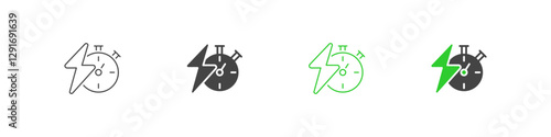 Timer with Lightning Bolt Vector Outline and Flat Icon Set