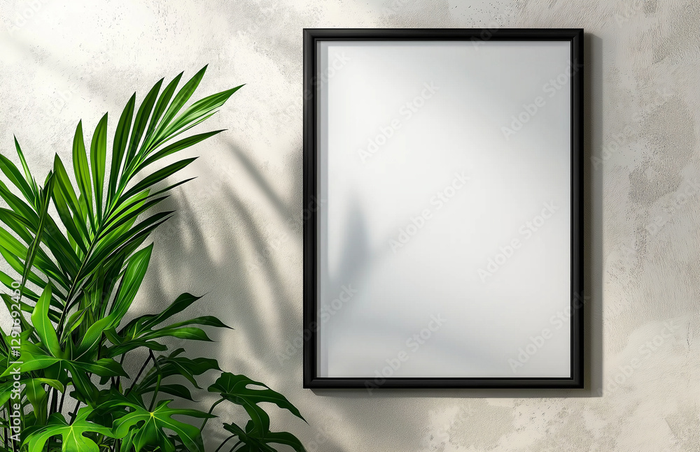 Minimalist mockup of empty black frame on wall with green plant. design creates serene atmosphere, perfect for showcasing art or photography Minimalist mockup of empty black frame on wall with green plant. design creates serene atmosphere, perfect for showcasing art or photography