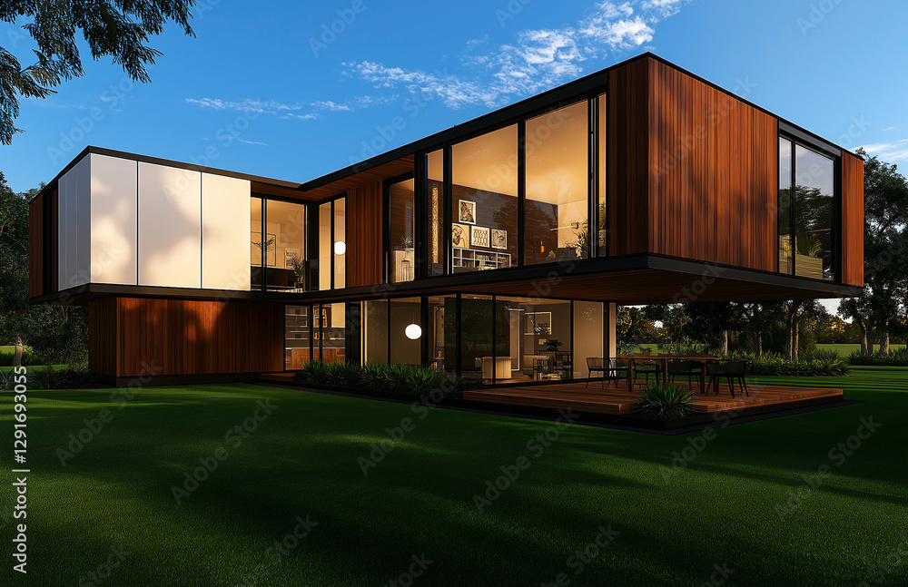 Modern two story house with wooden cladding and large glass windows, surrounded by greenery. design features spacious deck and contemporary aesthetic, creating serene living environment Modern two story house with wooden cladding and large glass windows, surrounded by greenery. design features spacious deck and contemporary aesthetic, creating serene living environment