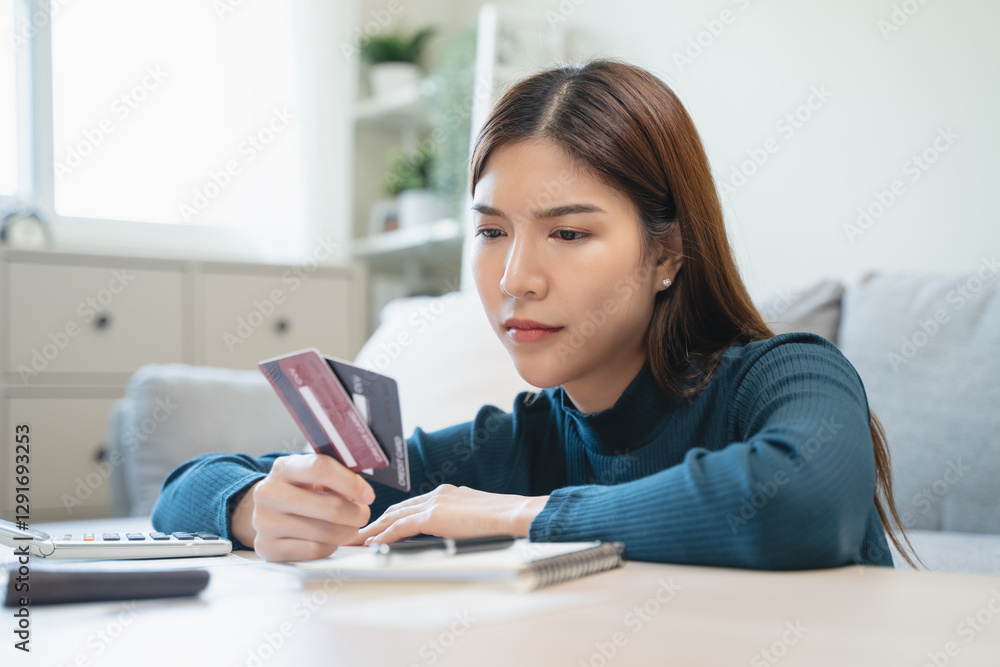 stressed woman looking at mockup credit card and nervous face expression. stressed woman looking at mockup credit card and nervous face expression.