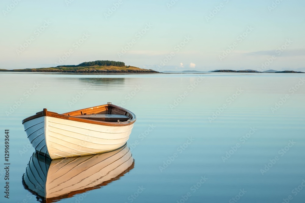 Boat on calm waters with distant island, empty space. Boat on calm waters with distant island, empty space.