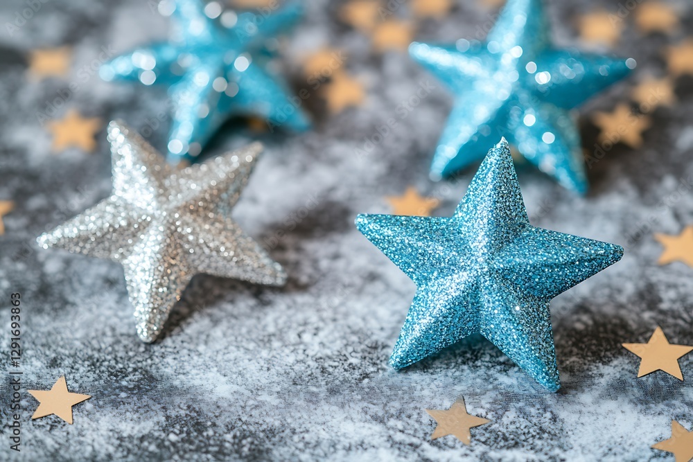 Sparkling blue and silver decorative stars on a textured surface adorned with golden confetti Sparkling blue and silver decorative stars on a textured surface adorned with golden confetti