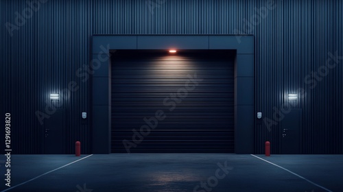 Dark industrial warehouse garage door at night