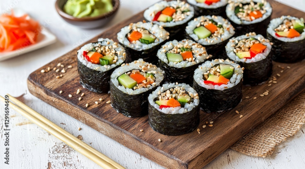A plate of sushi rolls with rice and nuts on crispy nori. Homemade vegan Japanese sushi food on a wooden surface. A plate of sushi rolls with rice and nuts on crispy nori. Homemade vegan Japanese sushi food on a wooden surface.
