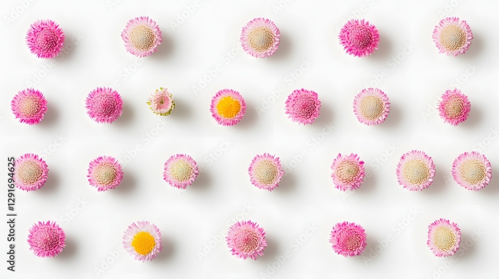 Arrangement of Pink Flowers with Varying Petal Designs on White Background Arrangement of Pink Flowers with Varying Petal Designs on White Background