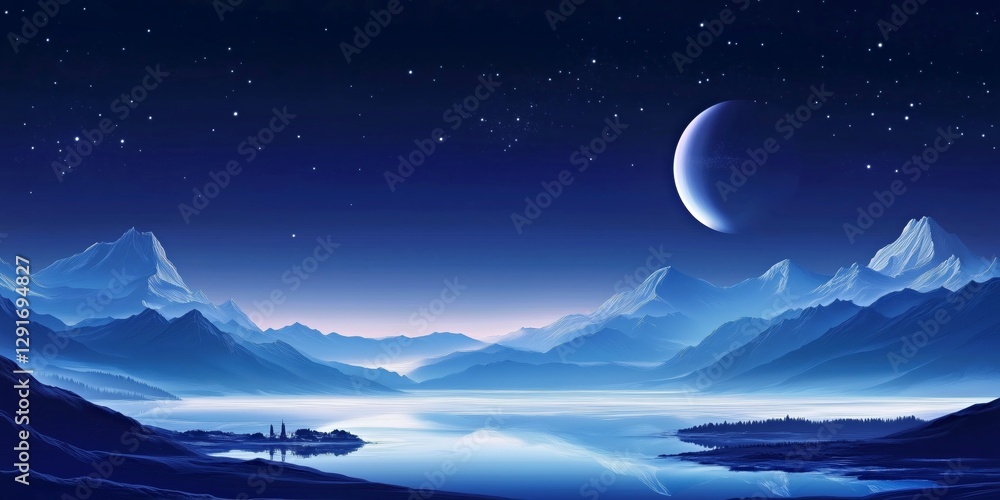glowing crescent moon and starry night sky, digital art of a peaceful nighttime glowing crescent moon and starry night sky, digital art of a peaceful nighttime