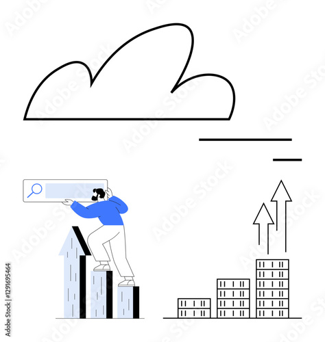 Man climbing ascending bars, holding a search bar tool, cloud above, buildings rising with arrows. Ideal for business progress, innovation, cloud solutions, data analysis, career growth economic