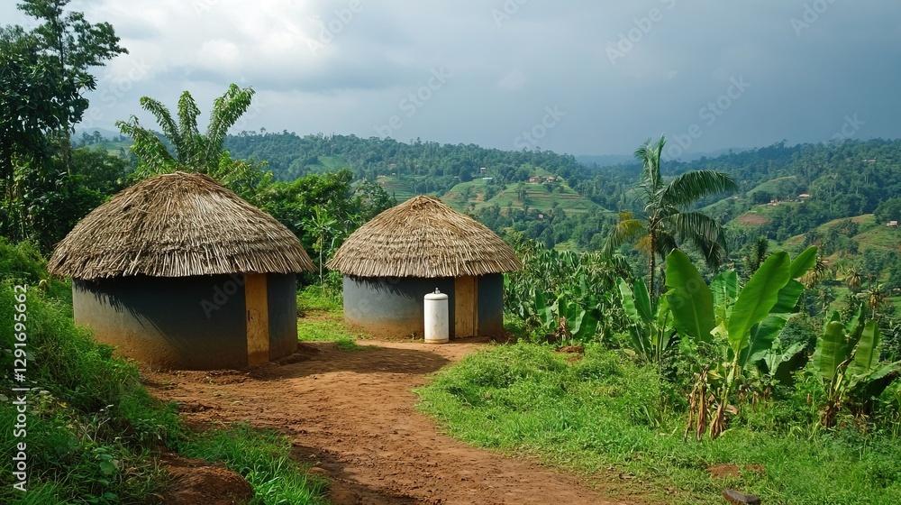 A remote village using biogas digesters to convert organic waste into cooking fuel, reducing deforestation for firewood. A remote village using biogas digesters to convert organic waste into cooking fuel, reducing deforestation for firewood.