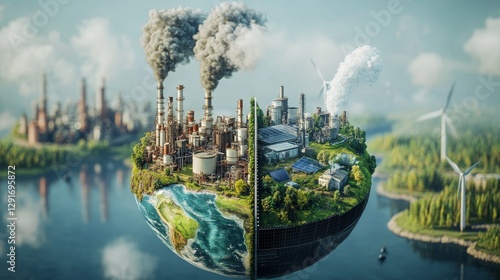 Visual Representation of Contrasting Environments Showcasing Industrial Pollution and Renewable Energy on a Split Earth