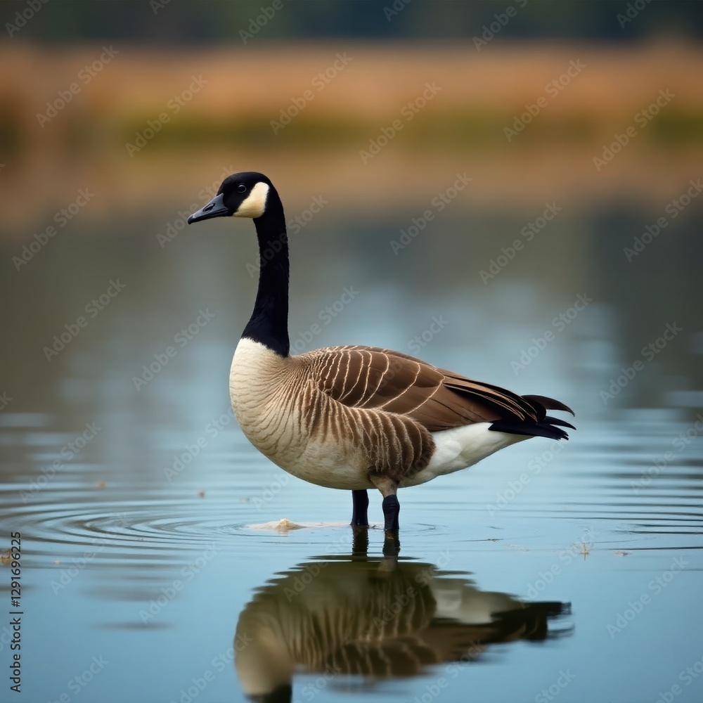 Majestic Canada goose on tranquil lake, reeds in background, clouds, sky, goose Majestic Canada goose on tranquil lake, reeds in background, clouds, sky, goose