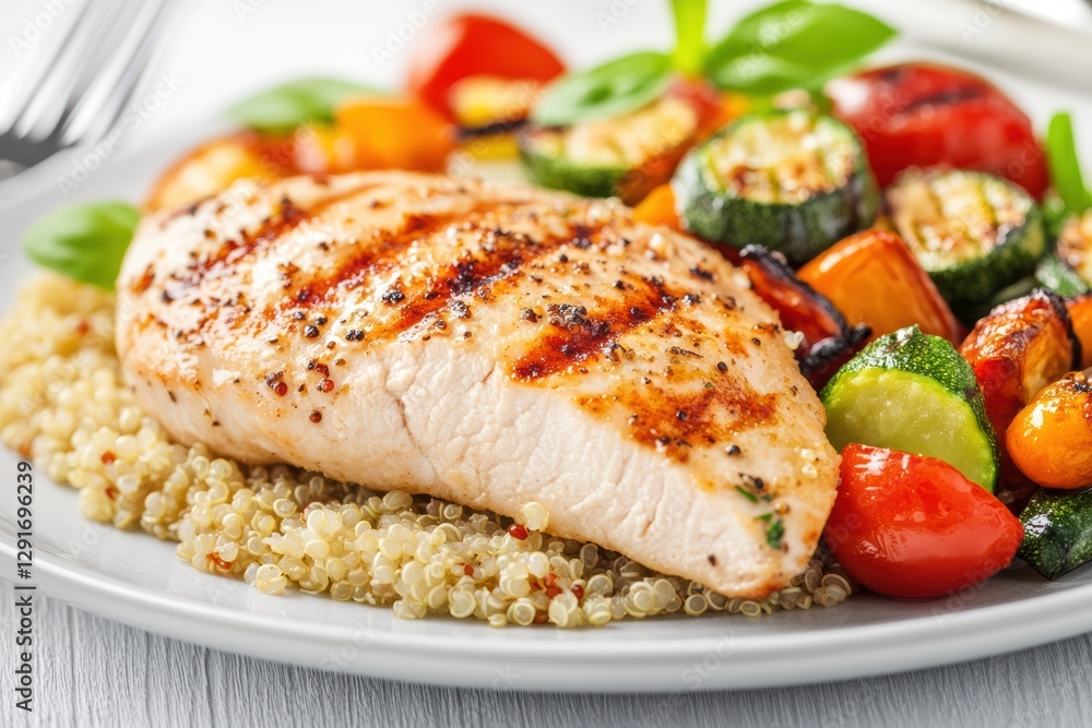 Close-Up of Grilled Chicken Breast with Quinoa and Colorful Vegetables Close-Up of Grilled Chicken Breast with Quinoa and Colorful Vegetables