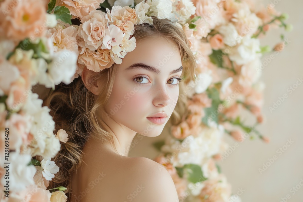 Serene Young Woman Surrounded by Soft Floral Arrangement Showing Natural Beauty and Elegance Serene Young Woman Surrounded by Soft Floral Arrangement Showing Natural Beauty and Elegance