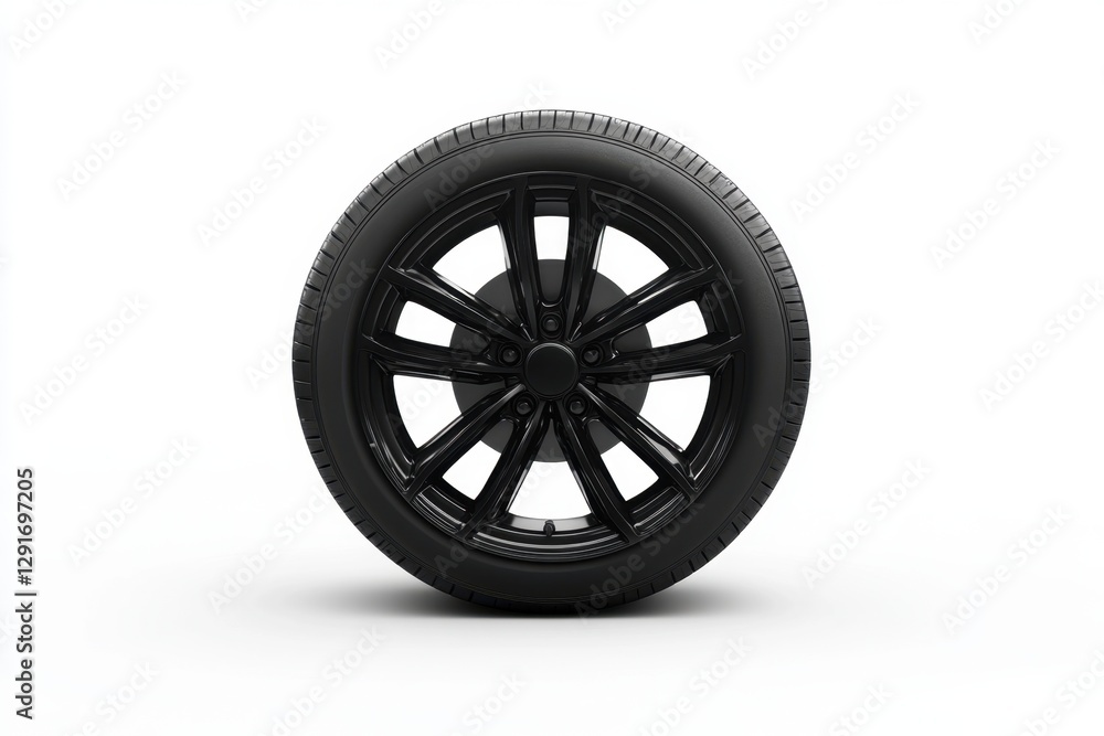 A black modern car wheel stands against a white background A black modern car wheel stands against a white background