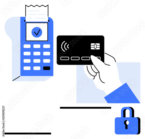 POS terminal processes payment with contactless card held by hand padlock represents security. Ideal for payment technology, e-commerce, finance, security, digital wallets, fintech, data privacy