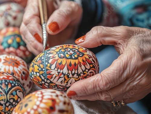 Hands delicately painting intricate folk patterns on decorated Easter eggs for a cultural celebration in a vibrant workshop photo