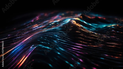 Colorful Flowing Light Waves in an Abstract Digital Landscape at Night