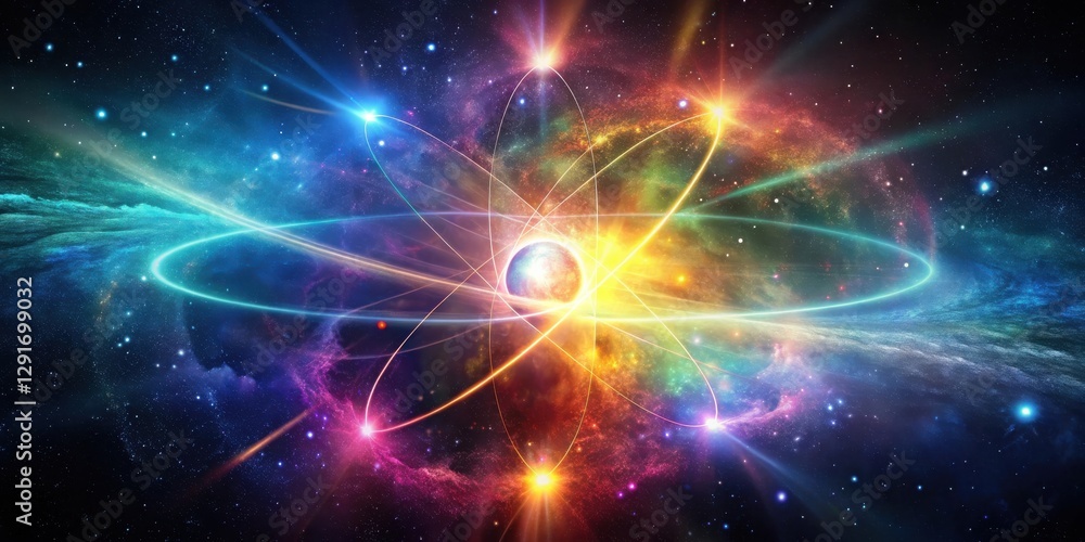 Naklejka premium Cosmic Atomic Structure A Vibrant Visualization of Subatomic Particles Orbiting a Central Core within a Nebula of Glowing Gases and Dust