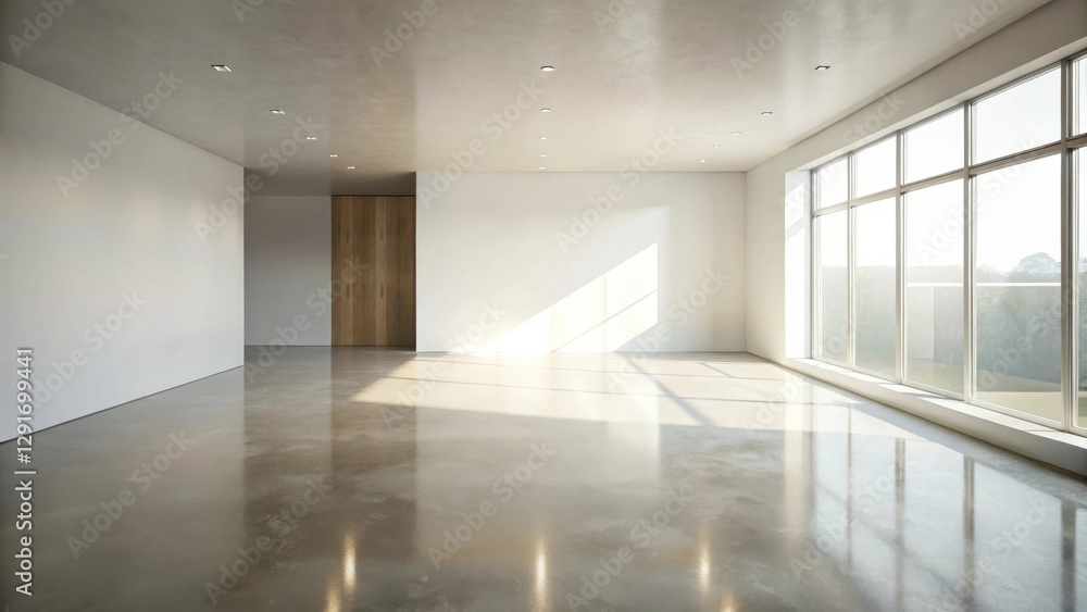 Sunlit Modern Empty Room with Polished Concrete Floor and Large Window Sunlit Modern Empty Room with Polished Concrete Floor and Large Window