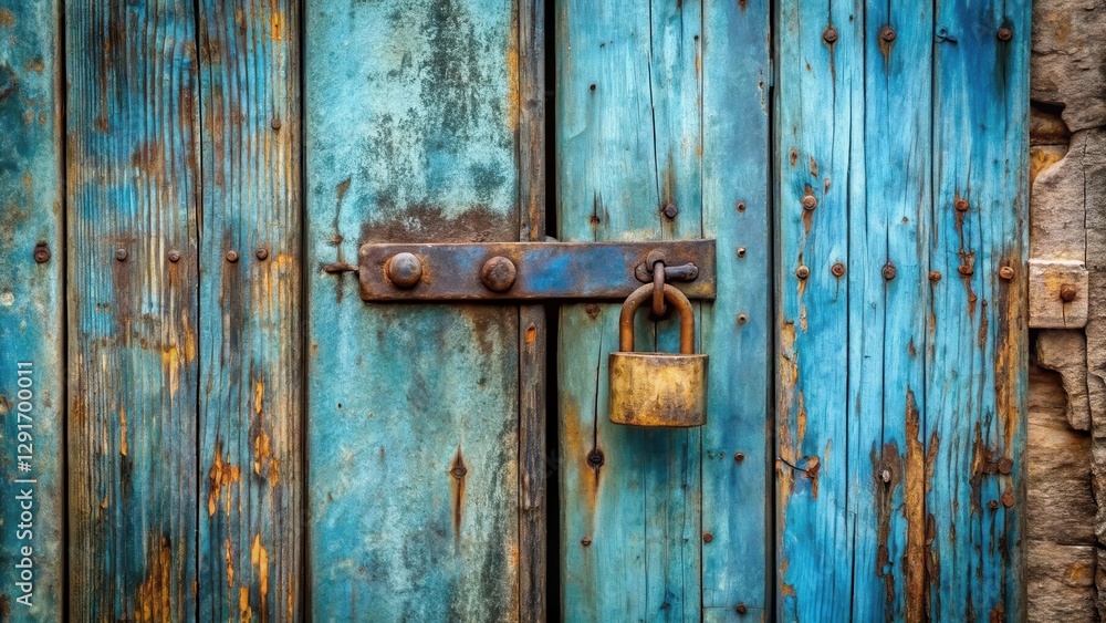 Rustic Weathered Wooden Door Secured with an Antique Padlock, Showing Signs of Age and Decay Rustic Weathered Wooden Door Secured with an Antique Padlock, Showing Signs of Age and Decay
