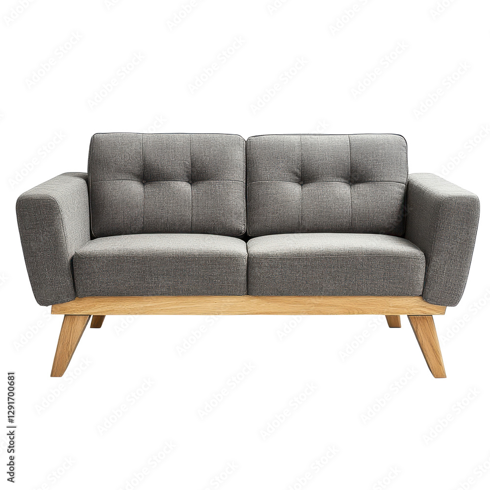 Contemporary Sofa: A sleek, modern two-seater sofa with a gray fabric and wooden legs, epitomizing comfort and style ,isolated on transparent or white background, png. Contemporary Sofa: A sleek, modern two-seater sofa with a gray fabric and wooden legs, epitomizing comfort and style ,isolated on transparent or white background, png.