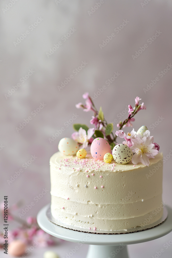 Close-up of a pastel Easter cake with pink sugar speckles, decorated with cherry blossoms and speckled eggs on a rustic white table. Close-up of a pastel Easter cake with pink sugar speckles, decorated with cherry blossoms and speckled eggs on a rustic white table.