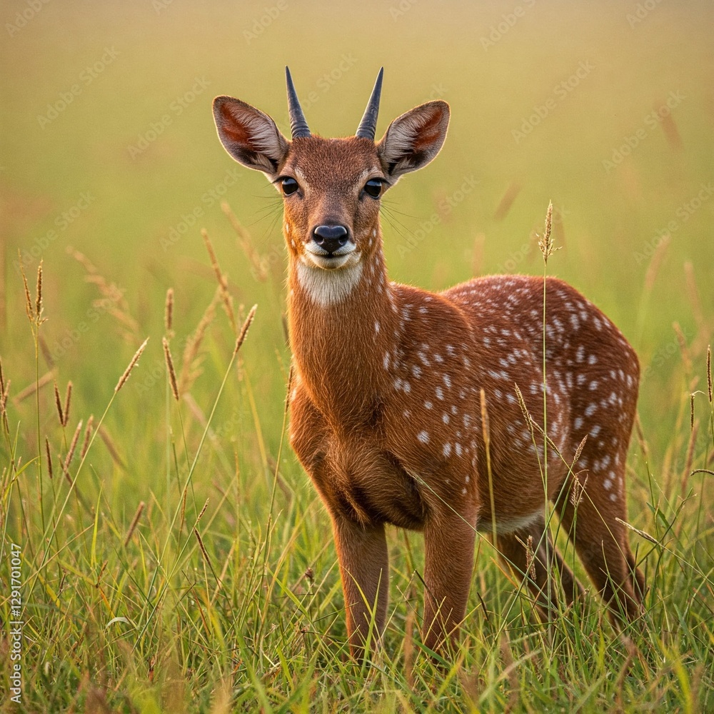 Young Spotted Deer in Grassland Young Spotted Deer in Grassland