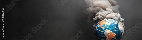 PM 2.5 air pollution health risk. Burning globe emitting smoke against a dark background.