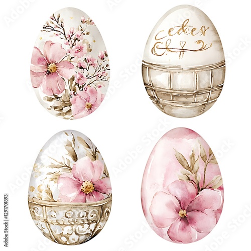 four watercolor easter eggs with flowers and the words easter written on them
