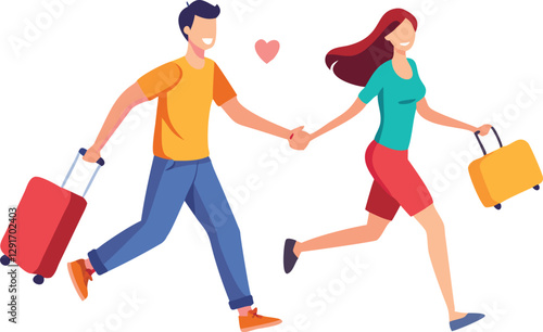 A cheerful illustration of a loving couple, running with their luggage, symbolizing a joyous vacation or travel experience.