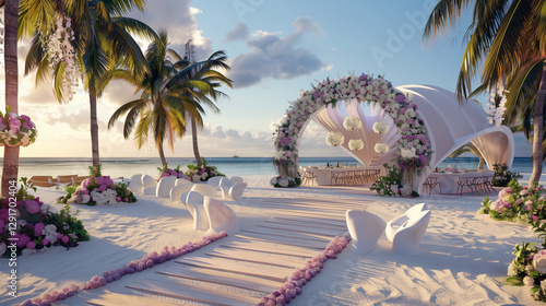 Beach wedding venue with floral arch and ocean view