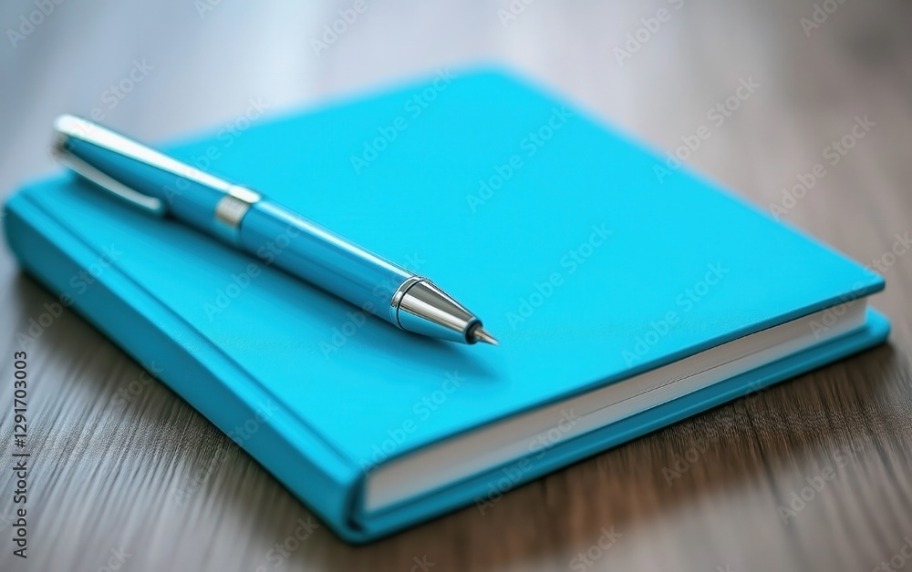 Turquoise Notebook and Pen on Wooden Surface Turquoise Notebook and Pen on Wooden Surface