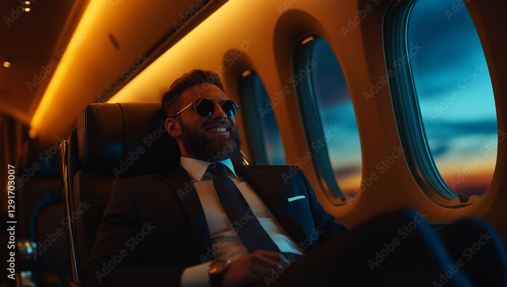 stylish businessman in suit and sunglasses smiles while relaxing in private jet, enjoying sunset view through windows. atmosphere is luxurious and sophisticated stylish businessman in suit and sunglasses smiles while relaxing in private jet, enjoying sunset view through windows. atmosphere is luxurious and sophisticated
