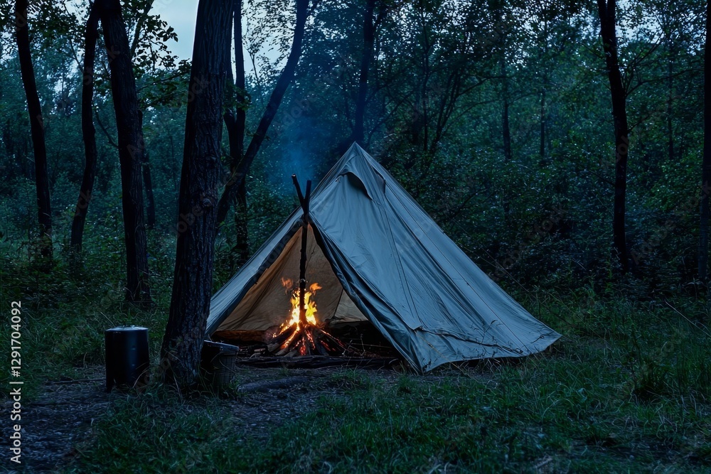 Tent and campfire in forest at dusk, blank area. Tent and campfire in forest at dusk, blank area.