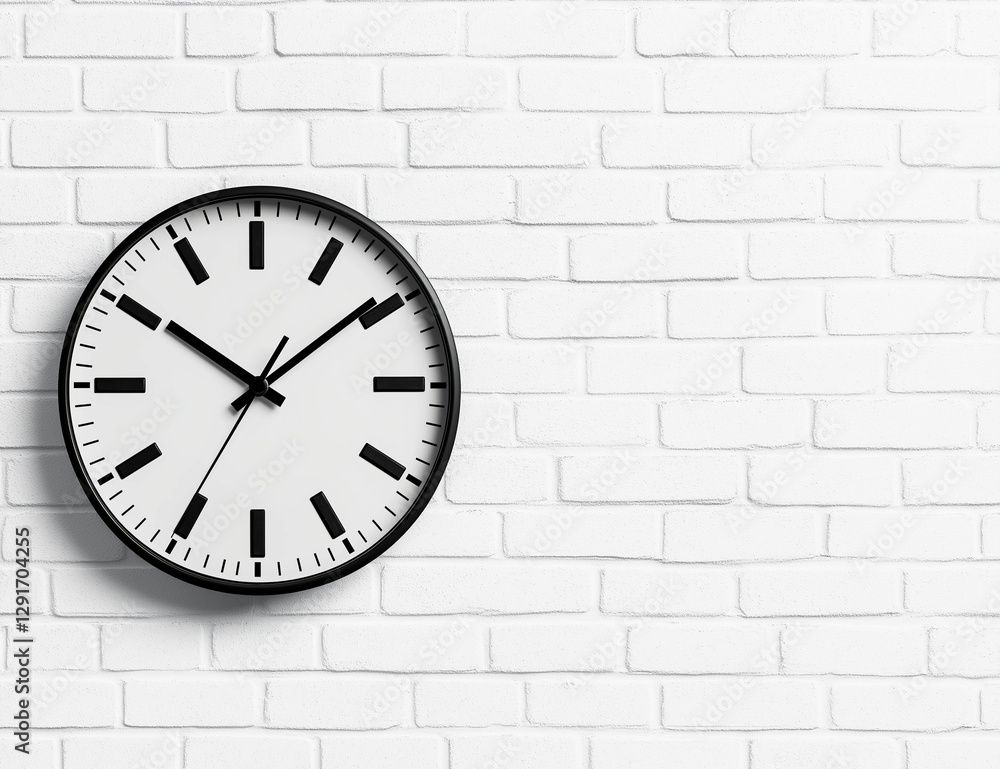 White wall clock with black hands on white brick background, showcasing modern design. This clock adds stylish touch to any space White wall clock with black hands on white brick background, showcasing modern design. This clock adds stylish touch to any space
