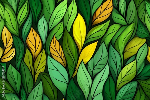 Wallpaper Mural Stained glass-style background with a pattern of green and yellow leaves, no text or characters added to the design. Simple, flat colors, vector illustration. Bright colors on a white background, Torontodigital.ca
