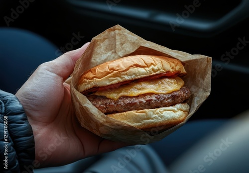 Wallpaper Mural Hand Holding a Delicious Cheeseburger Wrapped in Brown Paper with Melted Cheese and Ketchup Inside a Car Environment Torontodigital.ca