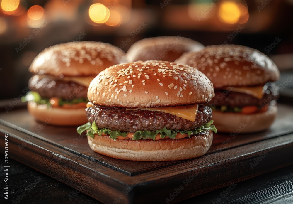 Juicy and Delicious Hamburger with Fresh Lettuce and Cheddar Cheese on a Wooden Tray Surrounded by Warm, Blurred Lights for Background Appeal Juicy and Delicious Hamburger with Fresh Lettuce and Cheddar Cheese on a Wooden Tray Surrounded by Warm, Blurred Lights for Background Appeal