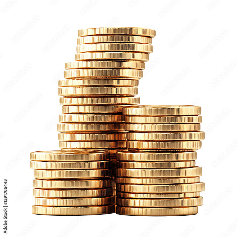 Stacks of shiny coins isolated white and transparent background Stacks of shiny coins isolated white and transparent background