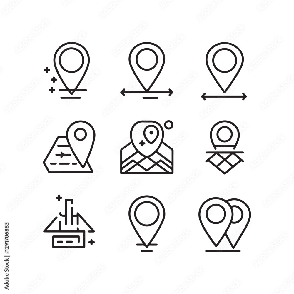 Map icons, location markers, navigation symbols, black and white, minimalist design Map icons, location markers, navigation symbols, black and white, minimalist design
