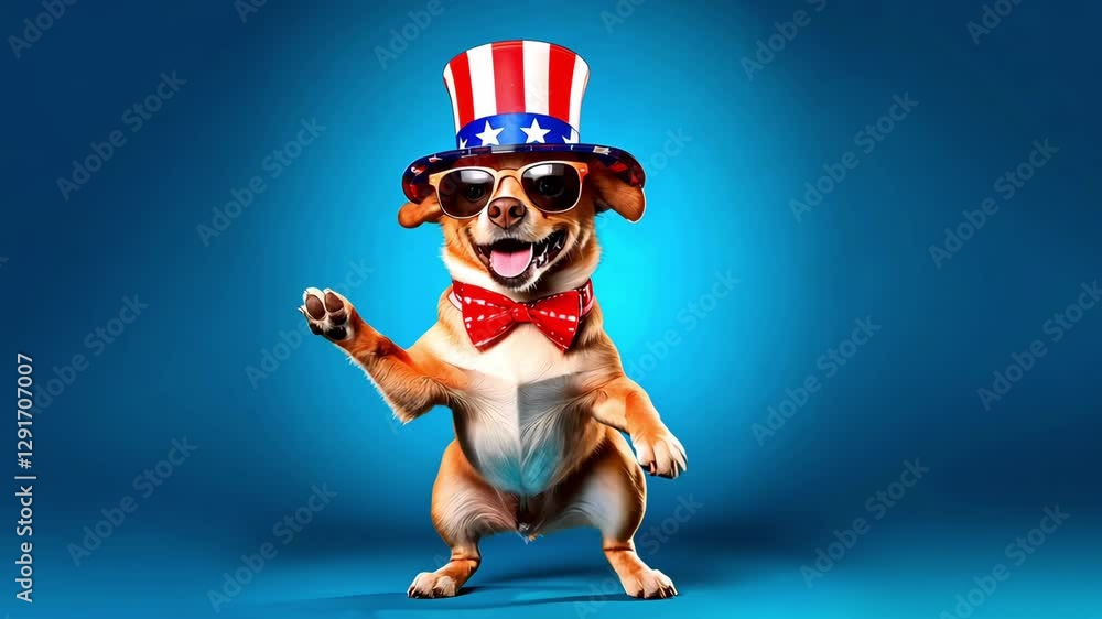 Happy Dancing Dog Wearing a American Flag 4th of July Hat on a Blue Background Happy Dancing Dog Wearing a American Flag 4th of July Hat on a Blue Background