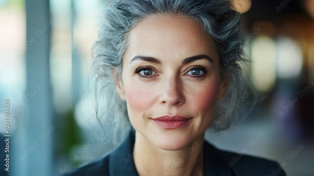 Obraz premium Professional businesswoman with gray hair pulled back, displaying confident smile