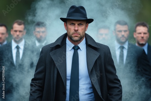 A man in an overcoat and hat walks away from the camera, surrounded by men wearing suits. The scene has a foggy, cinematic, movie poster-style appearance photo