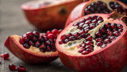Pomegranate Feast: Captivating close-up shot reveals a vibrant pomegranate, split open to expose its jewel-toned seeds and pulp