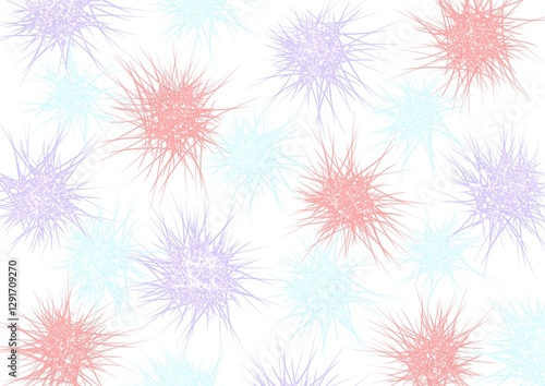 Abstract digital artwork starburst-like shapes in soft red, purple, and light blue hues on a white background. The pattern creates a dynamic and modern aesthetic.