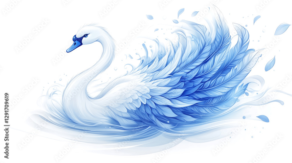 Elegant blue and white swan gliding gracefully across the water with flowing feathers. Concept of beauty, serenity, and artistic refinement. Elegant blue and white swan gliding gracefully across the water with flowing feathers. Concept of beauty, serenity, and artistic refinement.