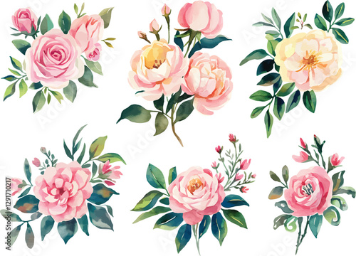 Watercolor rose flower bunch for textile print.