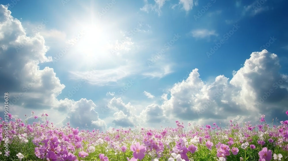 Colorful Wildflower Meadow Under a Bright Sun With Fluffy Clouds in a Clear Blue Sky on a Beautiful Spring Day Colorful Wildflower Meadow Under a Bright Sun With Fluffy Clouds in a Clear Blue Sky on a Beautiful Spring Day