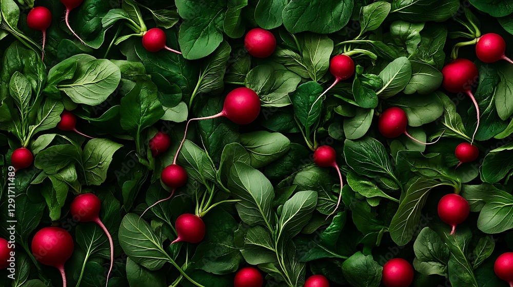 Obraz premium Vibrant Radishes Nestled in Lush Greens: A Close-Up Food Photograph AI Generated