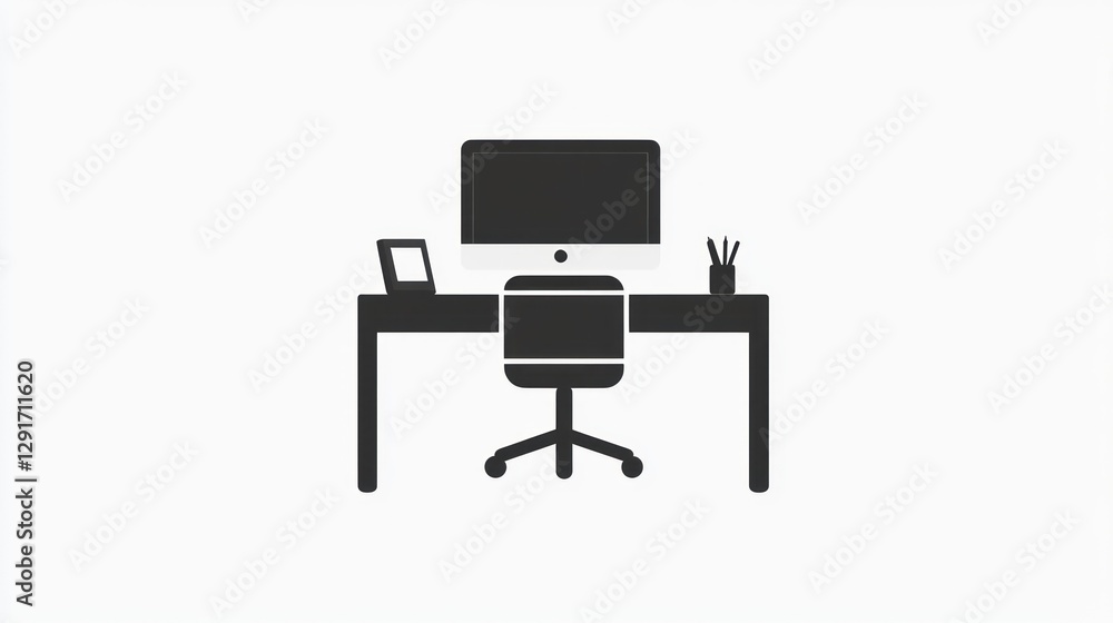 Simple office desk setup, computer, chair, workspace Simple office desk setup, computer, chair, workspace